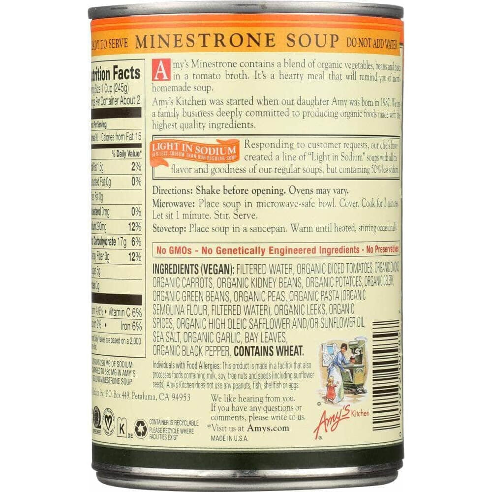 Amys Amy's Organic Soup Low Fat Minestrone Light In Sodium, 14.1 oz