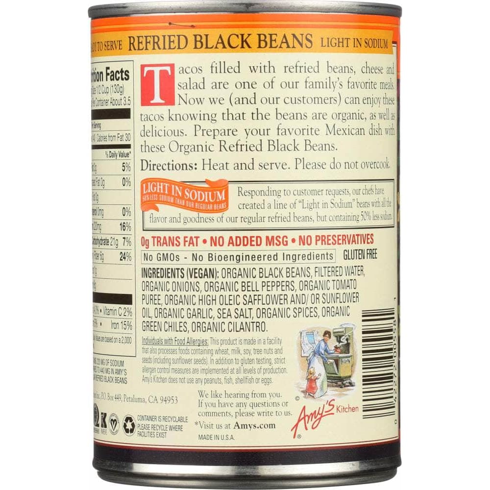 AMYS Amy'S Organic Vegetarian Light In Sodium Refried Black Beans, 15.4 Oz