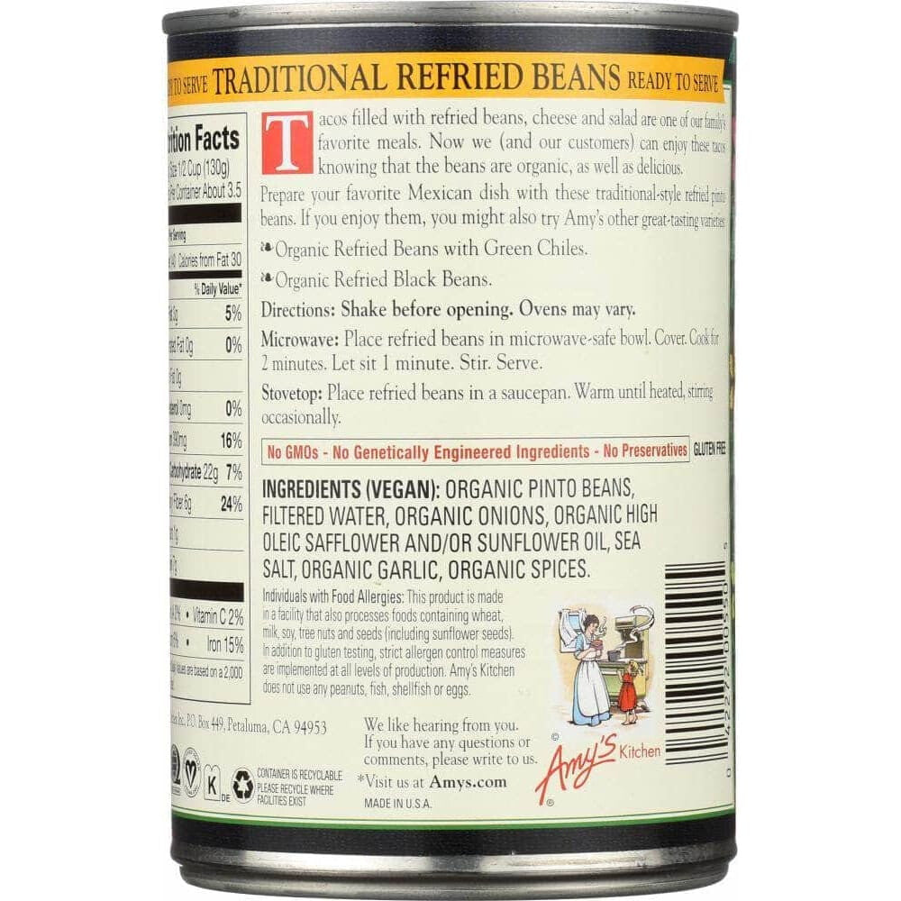 Amys Amy's Vegetarian Organic Refried Beans Traditional, 15.4 Oz