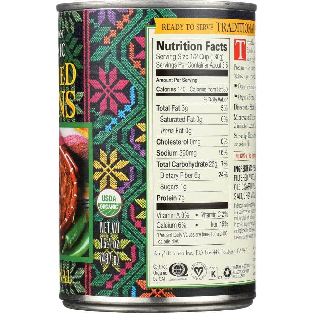 Amys Amy's Vegetarian Organic Refried Beans Traditional, 15.4 Oz