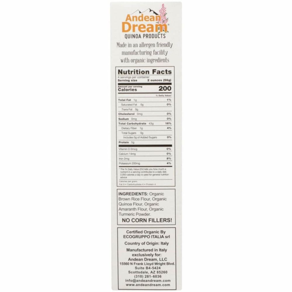 ANDEAN DREAM Grocery > Meal Ingredients > Noodles & Pasta ANDEAN DREAM Organic Pasta With Turmeric, 8 oz