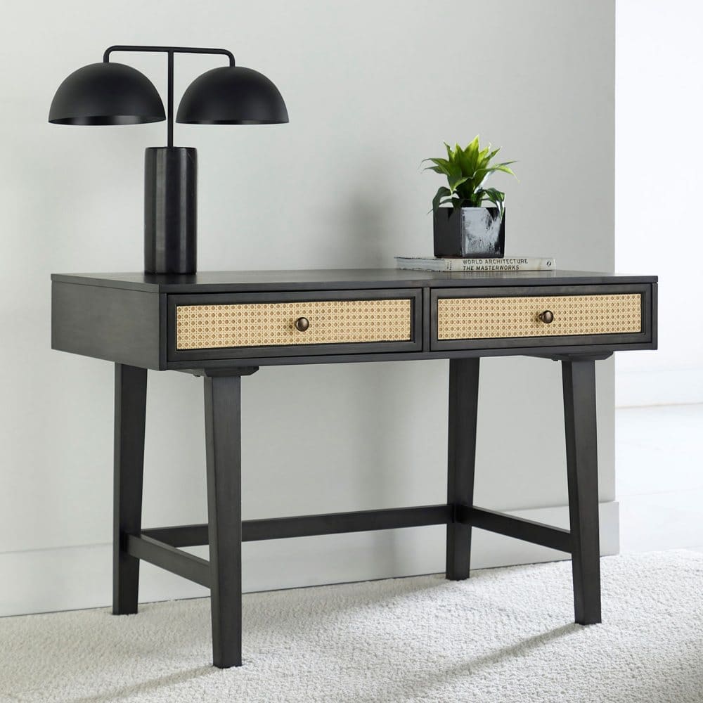 Archer Two-Toned Writing Desk Black With Cane Accent - Modern Contemporary - Archer