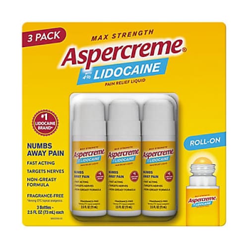 Aspercreme with 4% Lidocaine Roll-On Pain Relief Liquid 3 ct./2.5 oz. - Home/Home/Emergency Preparedness/Medicines & Treatments/Pain Relief/