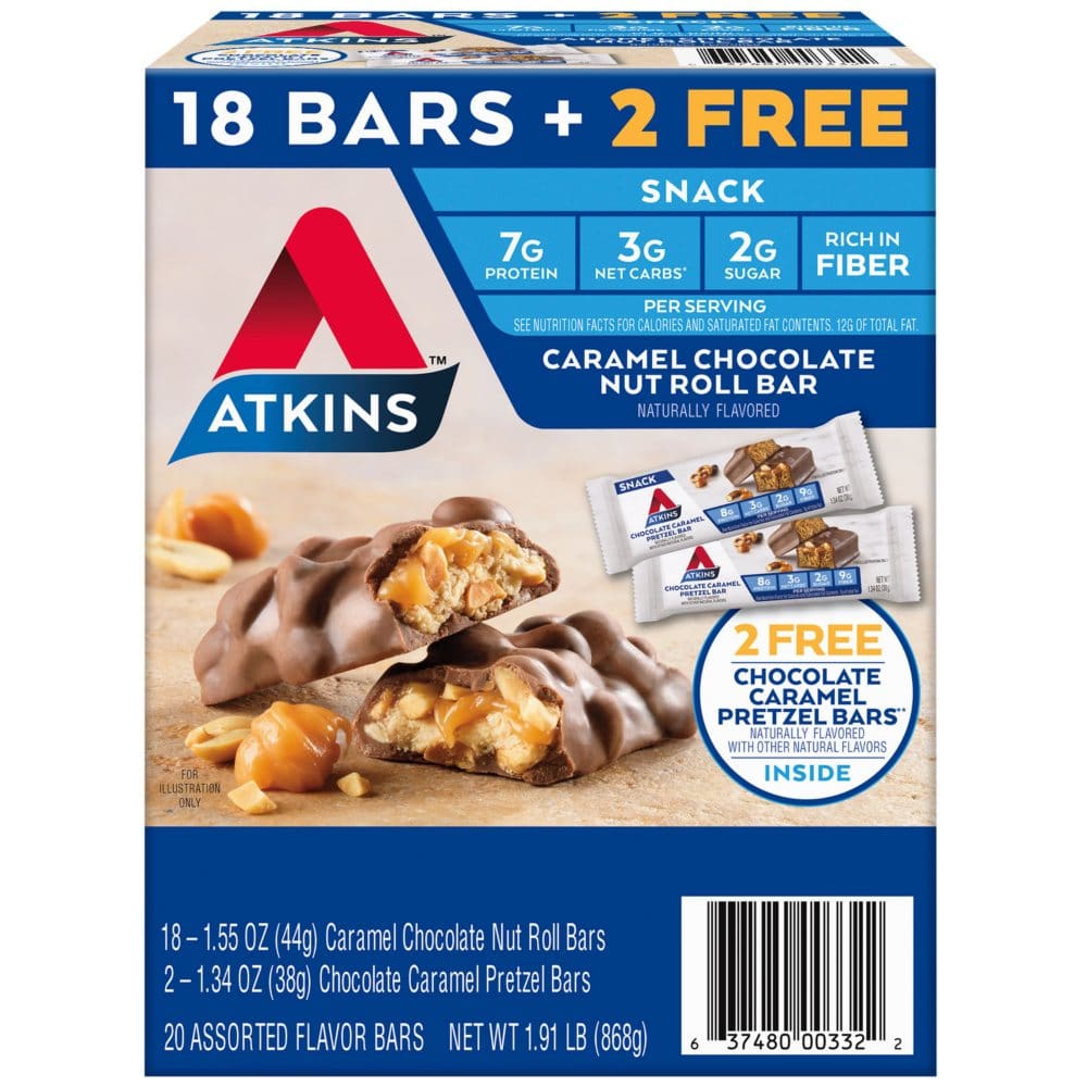 Atkins Chocolate Caramel Nut Roll Snack Bars (18 ct. + 2 Free Chocolate Caramel Pretzel Bars) - Instant Savings - Atkins