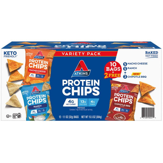 Atkins Keto Friendly Protein Chips Snack Variety Pack Ranch Nacho Cheese and Chipotle BBQ (12 ct.) - Protein & Fitness - Atkins