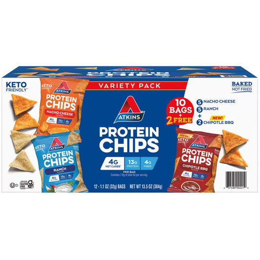 Atkins Keto Friendly Protein Chips Snack Variety Pack Ranch Nacho Cheese and Chipotle BBQ (12 ct.) - Protein & Fitness - Atkins