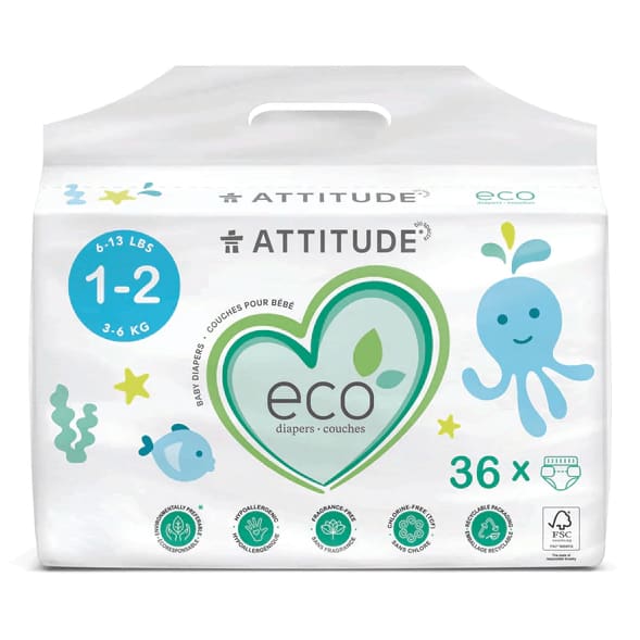 ATTITUDE Baby > Baby Diapers & Diaper Care ATTITUDE: Biodegradable Baby Diapers Size 1 and 2, 36 un