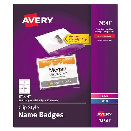 Avery Clip-Style Name Badge Holder with Laser/Inkjet Insert Top Load 4 x 3 White 100/Box - Access Badges & Holders - Avery