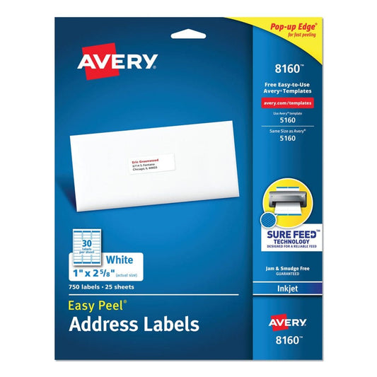Avery Easy Peel White Address Labels w/ Sure Feed Technology Inkjet Printers 1 x 2.63 White 30/Sheet 25 Sheets/Pack (Pack of 2) - Labels &