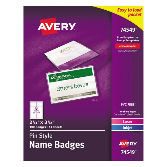 Avery Pin-Style Badge Holder with Laser/Inkjet Insert Top Load 3.5 x 2.25 White 100/Box - Access Badges & Holders - Avery