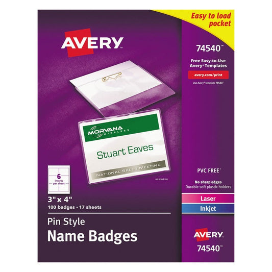 Avery Pin-Style Badge Holder with Laser/Inkjet Insert Top Load 4 x 3 White 100/Box - Access Badges & Holders - Avery