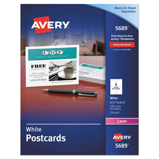 Avery Postcards for Laser Printers 4 1/4 x 5 1/2 Uncoated White 4/Sheet 200/Box - Business & Time Cards - Avery