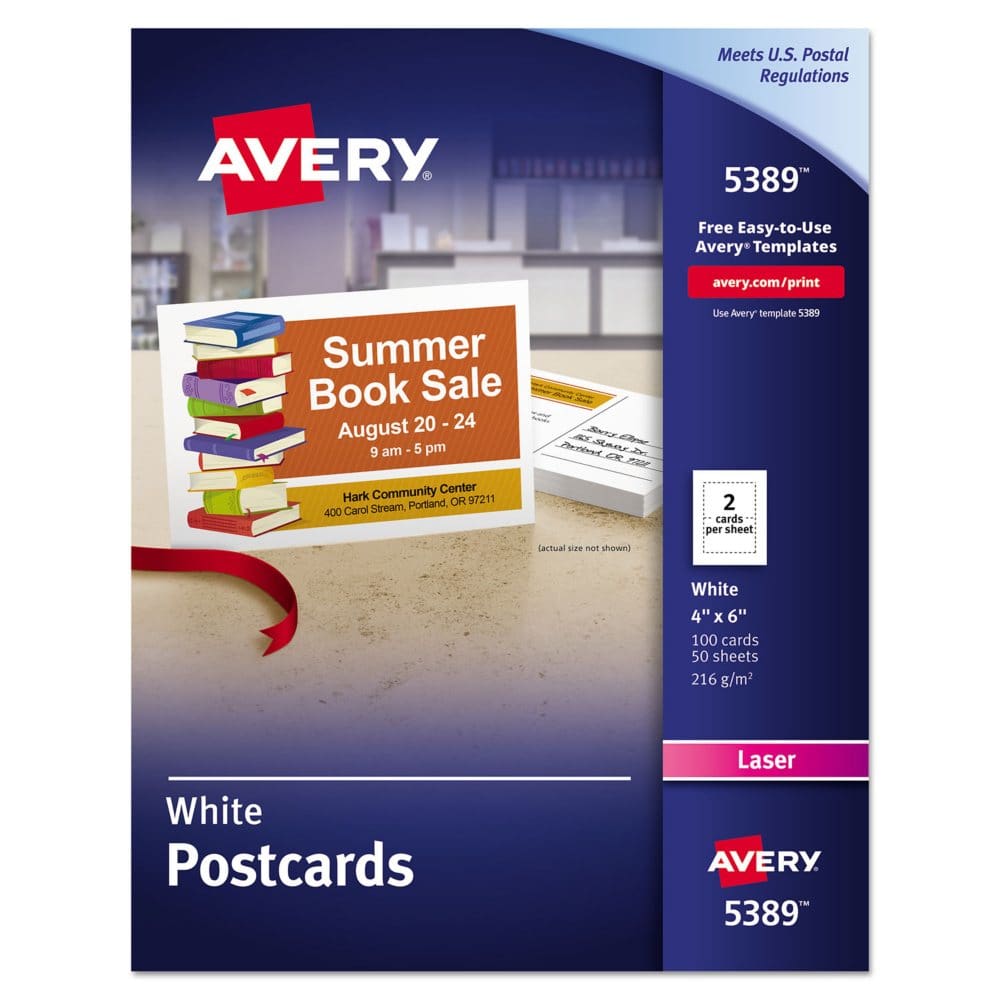 Avery Postcards for Laser Printers 4 x 6 Uncoated White 2/Sheet 100/Box - Business & Time Cards - Avery