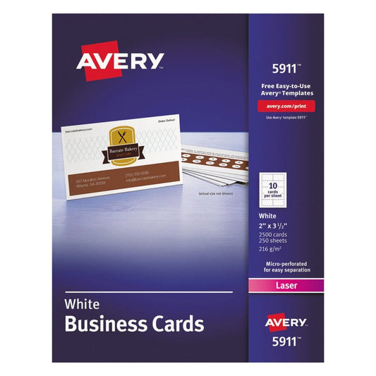Avery Printable Microperforated Business Cards with Sure Feed Technology Laser 2 x 3.5 White Uncoated 2500/Box - Business & Time Cards -