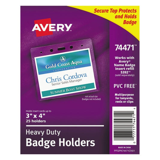 Avery Secure Top Heavy-Duty Badge Holders Horizontal 4w x 3h Clear 25/Pack - Access Badges & Holders - Avery