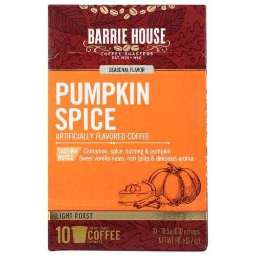 BARRIE HOUSE Grocery > Beverages > Coffee, Tea & Hot Cocoa BARRIE HOUSE: Pumpkin Spice Coffee 10 Single Serve Capsules, 3.7 oz