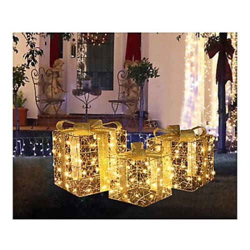 Berkley Jensen Outdoor Set of 3 Lighted Metal Gift Boxes - Gold - Home/Seasonal/Holiday/Holiday Decor/Christmas Decor/ - Berkley Jensen