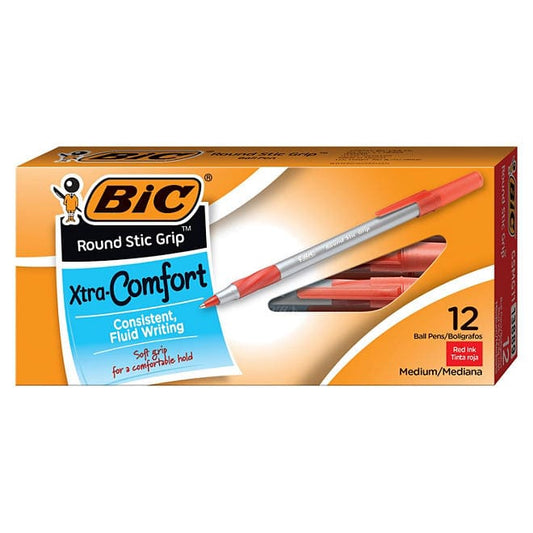 BIC Round Stic Grip Xtra Comfort Ballpoint Pen Red Ink 1.2mm Medium 12ct. - Pen & Pencil - Bic