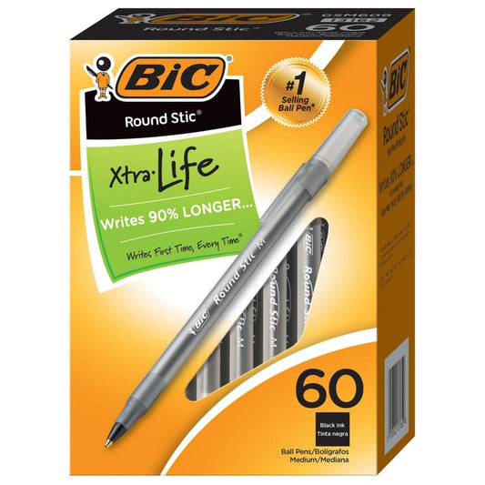 BIC Round Stic Xtra Life Ballpoint 1mm Medium Black 60ct. (Pack of 2) - Pens Pencils & Markers - BIC