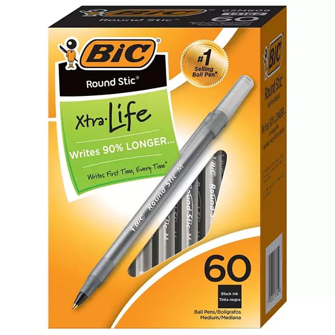 BIC Round Stic Xtra Life Ballpoint 1mm Medium Black 60ct. - Pen & Pencil - Bic