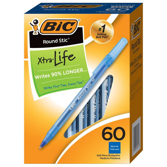 BIC Round Stic Xtra Life Ballpoint 1mm Medium Blue 60ct. (Pack of 2) - Pens Pencils & Markers - BIC