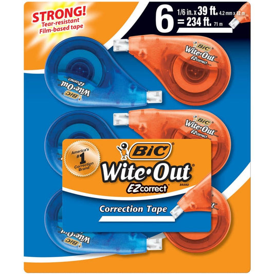 BIC Wite-Out Brand EZ Correct Correction Tape White 6 Count (Colors may vary) - First Day of School Essentials - BIC