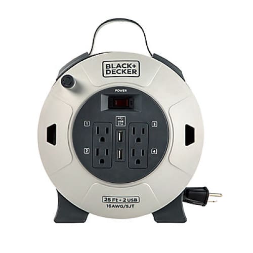 Black + Decker 20’ Retractable Extension Cord Reel With 4 Outlets 2 USB Ports and Multi-Plug Extension - Home/Home/Home