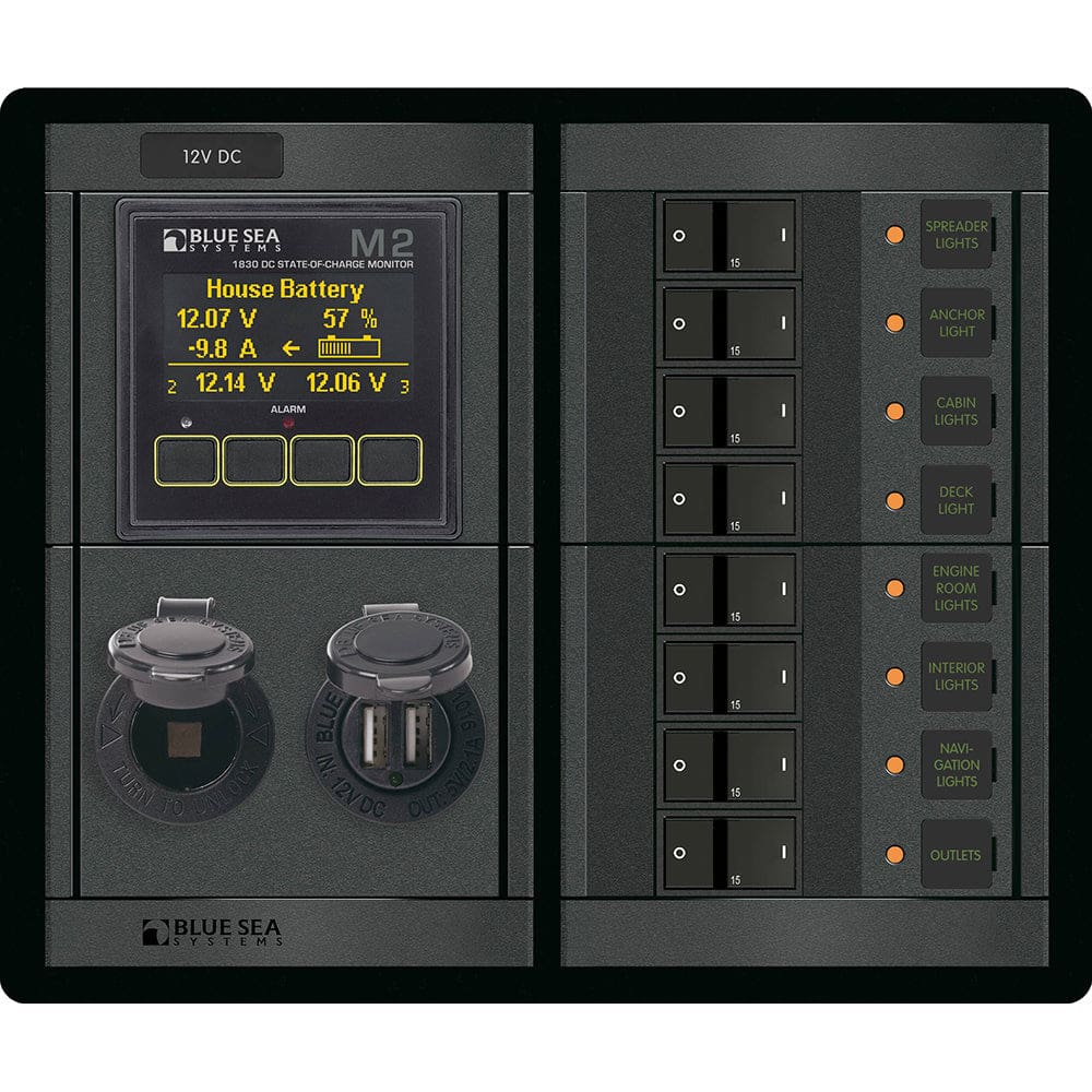 Blue Sea 1497 - 360 Panel - 8 Position 12V Flat Rocker M2 Multimeter w/ SOC & Dual USB/ 12V Socket - Electrical | Electrical