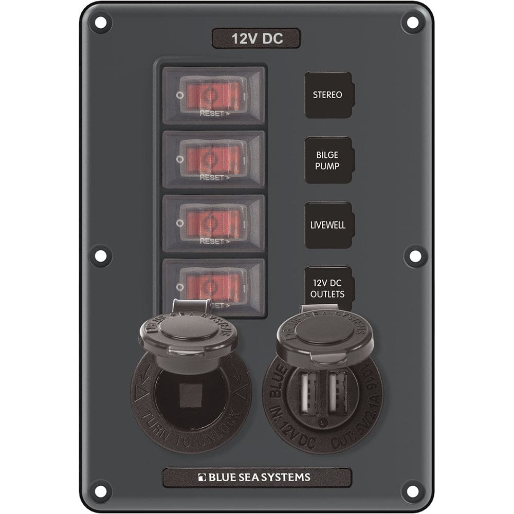 Blue Sea 4321 Circuit Breaker Switch Panel 4 Position - Gray w/ 12V Socket & Dual USB - Electrical | Electrical Panels - Blue Sea Systems