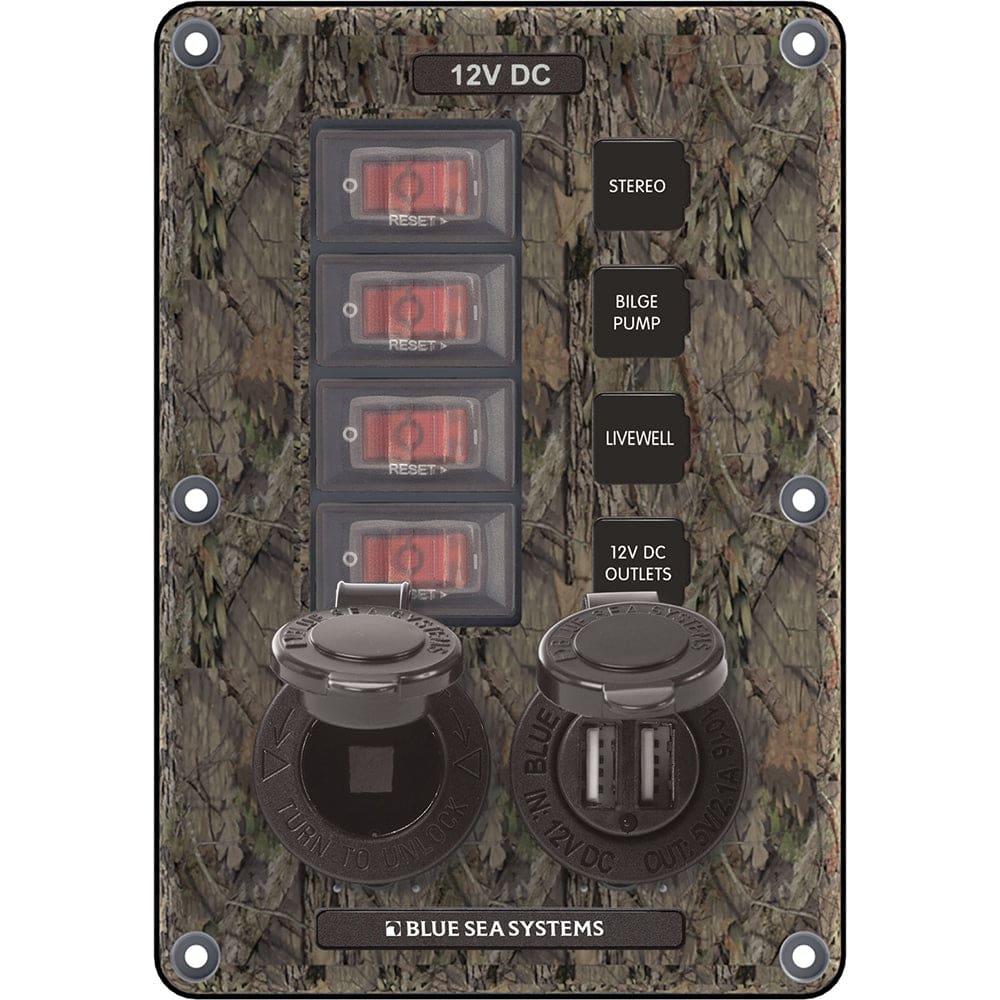Blue Sea 4324 Circuit Breaker Switch Panel 4 Postion - Camo w/ 12V Socket & Dual USB - Electrical | Electrical Panels - Blue Sea Systems