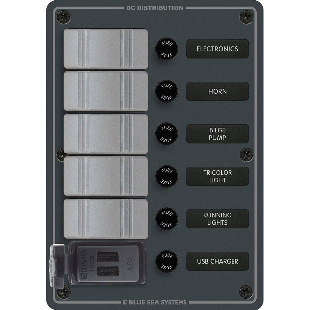 Blue Sea 8121 - 5 Position Contura Switch Panel w/ Dual USB Chargers - 12/ 24V DC - Black - Electrical | Electrical Panels - Blue Sea