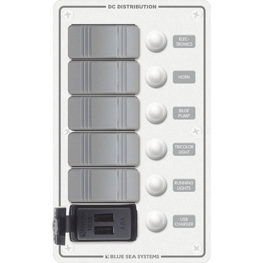 Blue Sea 8421 - 5 Position Contura Switch Panel w/ Dual USB Chargers - 12/ 24V DC - White - Electrical | Electrical Panels - Blue Sea