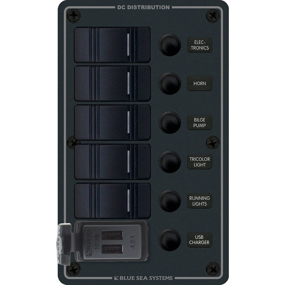 Blue Sea 8521 - 5 Position Contura Switch Panel w/ Dual USB Chargers - 12/ 24V DC - Black - Electrical | Electrical Panels - Blue Sea