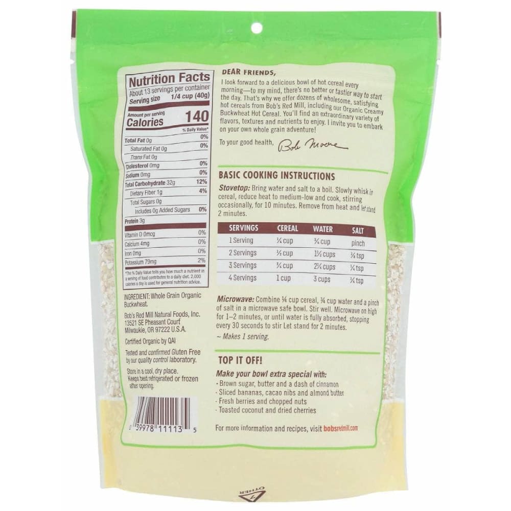 BOBS RED MILL Grocery > Breakfast > Breakfast Foods BOBS RED MILL: Cereal Bkwht Crmy Org Hot, 18 oz