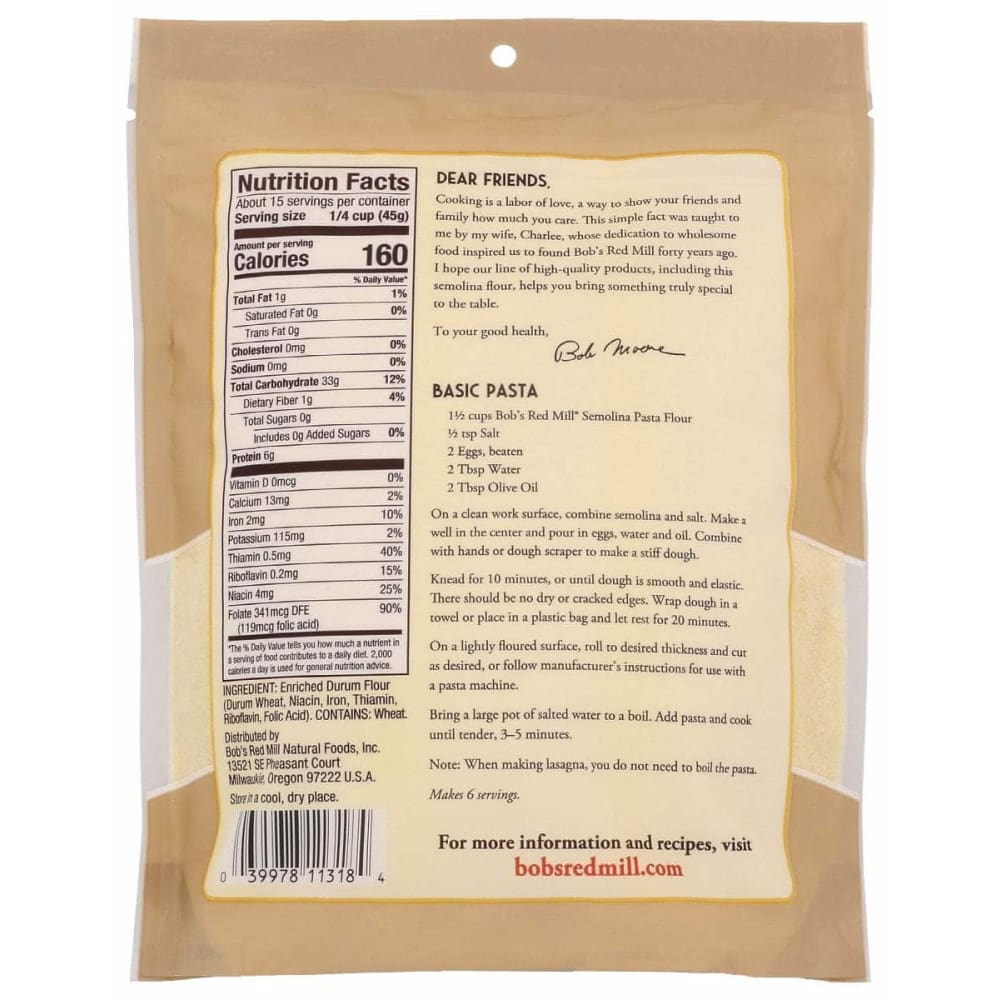 BOBS RED MILL Grocery > Cooking & Baking > Flours BOBS RED MILL: Flour Semolina, 24 oz