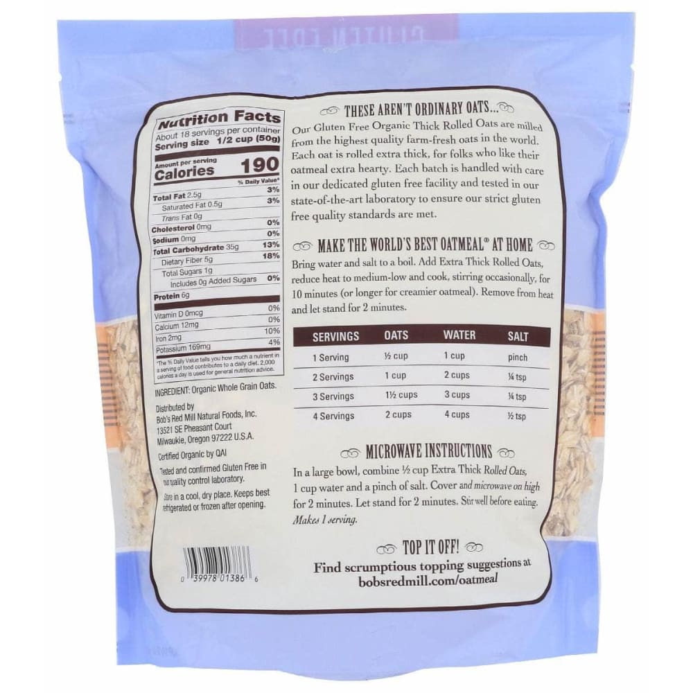 BOBS RED MILL Grocery > Meal Ingredients > Grains BOBS RED MILL: Gluten Free Organic Extra Thick Rolled Oats, 32 oz