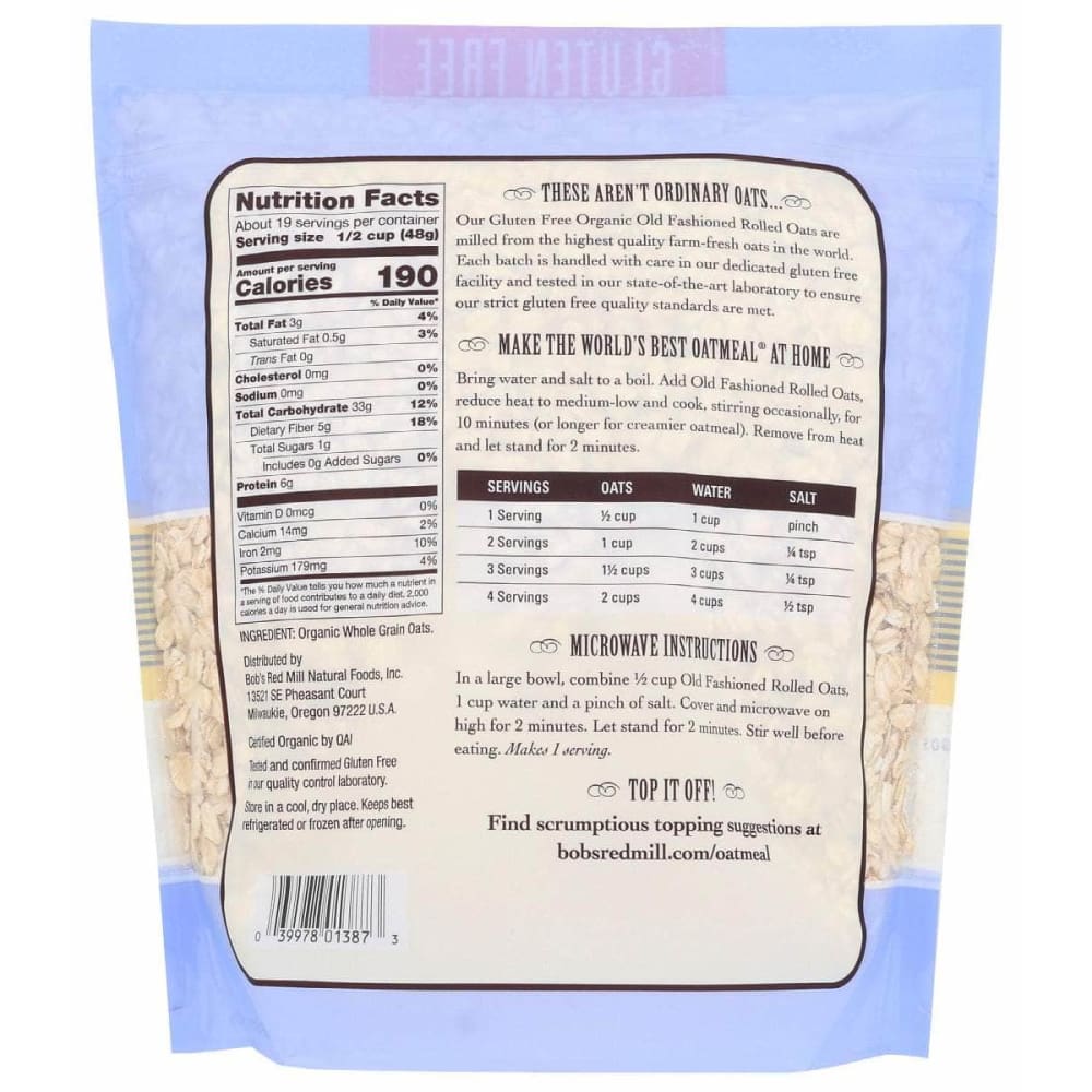 BOBS RED MILL Grocery > Meal Ingredients > Grains BOBS RED MILL: Gluten Free Organic Old Fashioned Rolled Oats, 32 oz