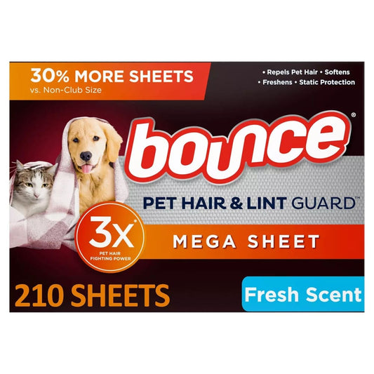 Bounce Pet Hair and Lint Guard Mega Dryer Sheets. Fresh Scent - 210 Sheets - Dryer Sheets - Bounce
