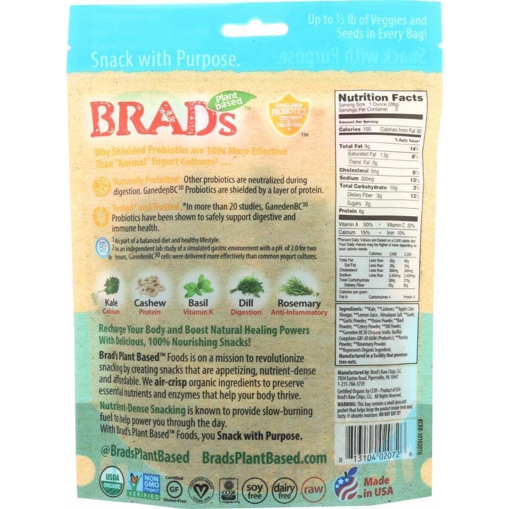 Brads Plant Based Brads Raw Crunchy Kale Radical Ranch with Probiotic, 2 oz
