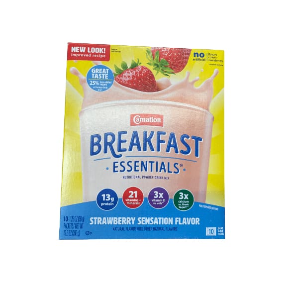 Carnation Breakfast Carnation Breakfast Essentials Nutritional Powder Drink Mix, Strawberry Sensation Flavor, 10 - 36 g Packets