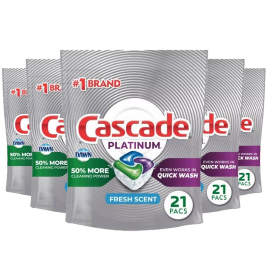 Cascade Pacs Dishwasher Detergents Fresh Scent 11.7 Ounce 21 Count - 5 Pack - Dishwasher Pods - cascade