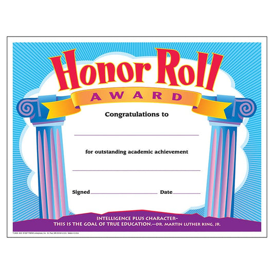 Certificate Honor Roll Award 30/Pk 8-1/2 X 11 (Pack of 8) - Certificates - Trend Enterprises Inc.