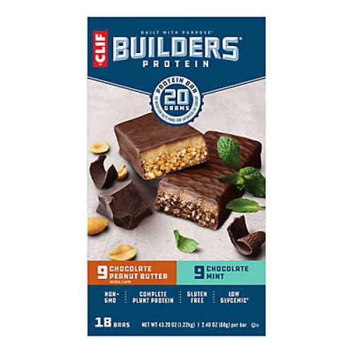 Clif Builders Chocolate Mint and Chocolate Peanut Butter Protein Bar Variety Pack 18 ct./2.4 oz. - Home/Grocery/Snacks/Snack Bars & Cakes/ -