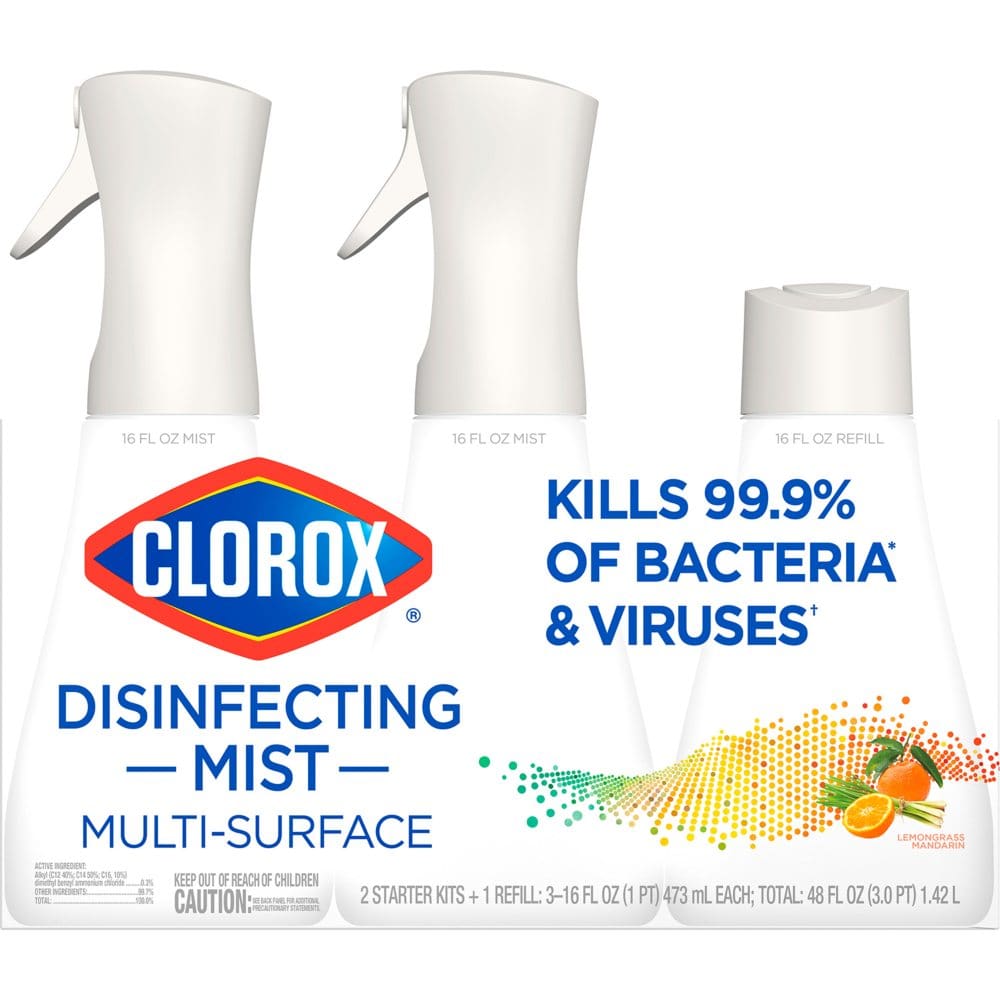 Clorox Multisurface Disinfecting Mist Lemongrass Mandarin (2 x 16 oz. trigger + 16 oz. refill) - Disinfectant Wipes & Sprays - ShelHealth