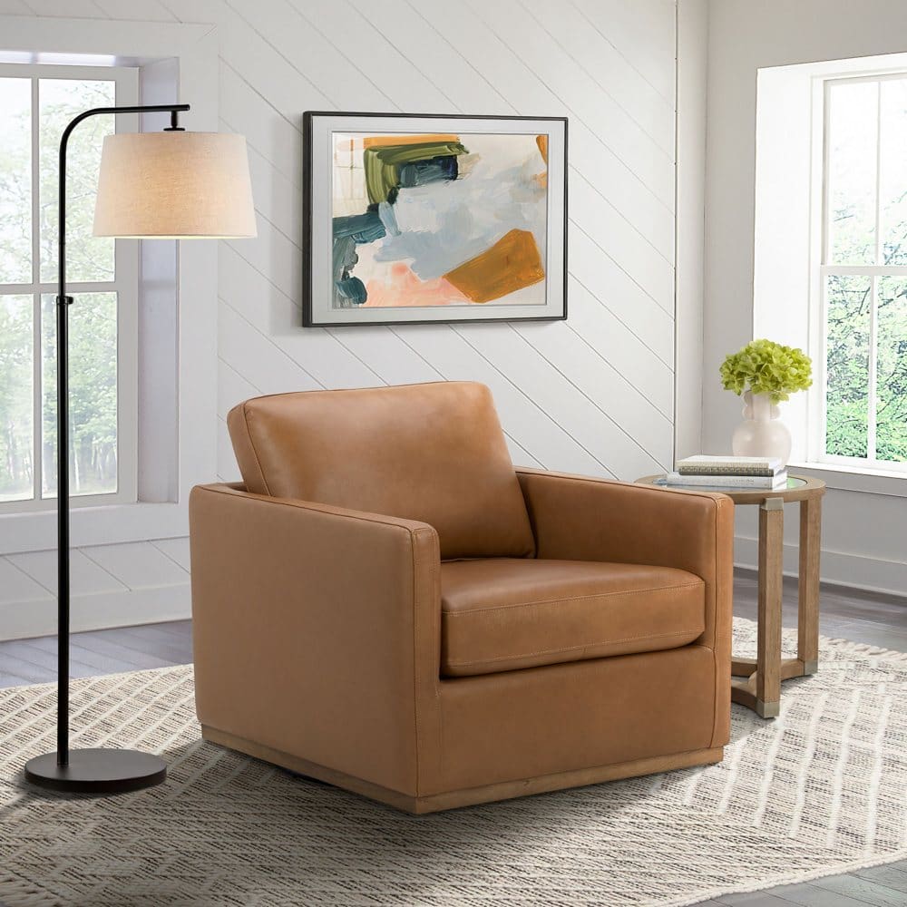 Cole & Rye Modern Farmhouse Leather Swivel Chair, Saddle | ShelHealth