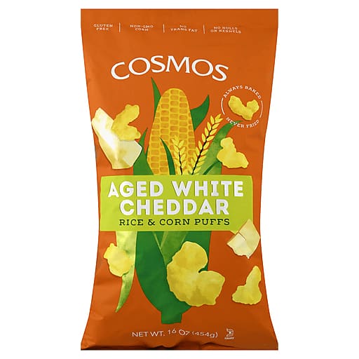COSMOS CREATIONS Grocery > Snacks > Chips > Puffed Snacks COSMOS CREATIONS: Aged White Cheddar Rice and Corn Puffs, 16 oz