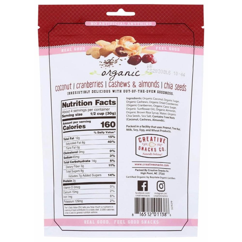 CREATIVE SNACKS Grocery > Snacks > Nuts CREATIVE SNACKS: Organic Coconut Snacks With Cranberries Cashews Almonds and Chia Seeds, 4 oz