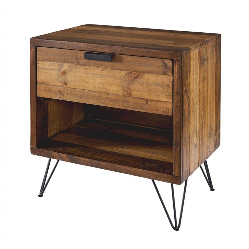 Crow 1-Drawer Solid Pine Wood Nightstand With Metal Legs Brown - Bedroom Furniture - Crow