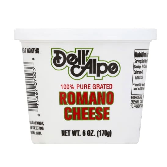 DELL ALPE Grated Romano Cheese, 6 oz (Case of 3) ShelHealth
