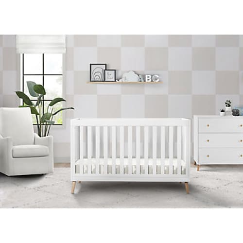 Delta Children Essex 4-in-1 Convertible Crib - White with Natural - Home/Furniture/Baby & Kids’ Furniture/Kids’ Bedrooms/ - Delta Children